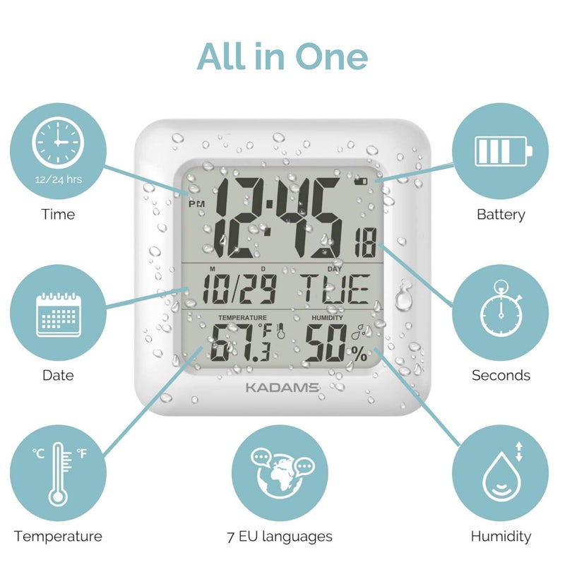 KADAMS Bathroom Clock 9.5" Kitchen Wall Clock with Large LCD Screen â€“ Shower Clock with Suction Cup,Temperature, Humidity, Calendar â€“ Water-Resistant, 4 Mounting Options, White - Image 4